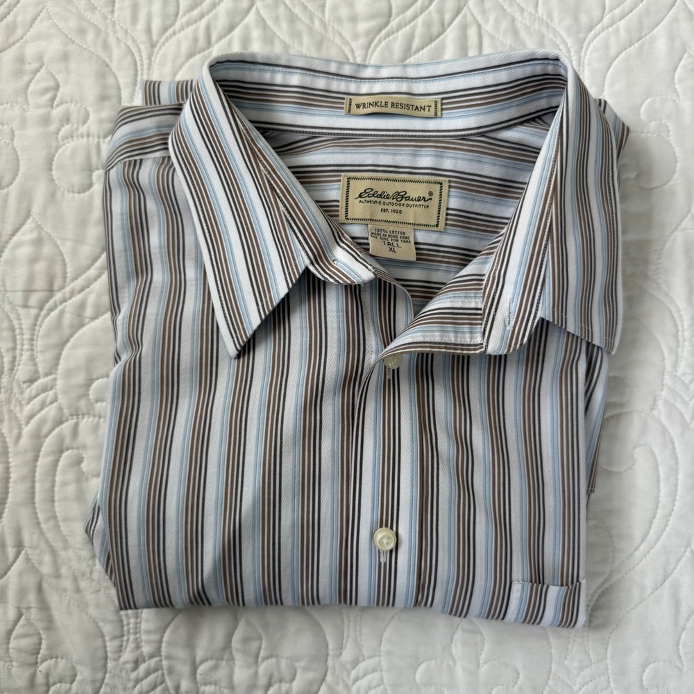 Eddie Bauer Men XL Tall Striped Button Down Shirt Wrinkle Resistant Brown EUC
